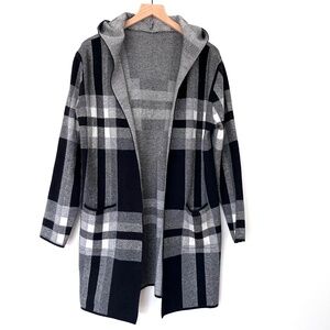 Handle with Care Black and White Plaid Knit Cardigan Sweater Jacket with Hood